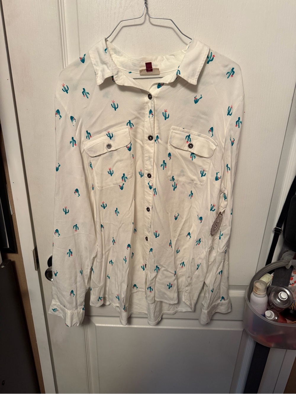 SO White Button-Down Shirt with Teal Cactus Print